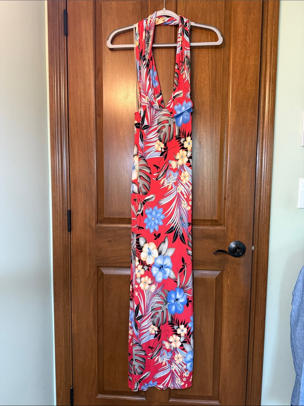 Red Floral Halter One-Piece dress with side slit